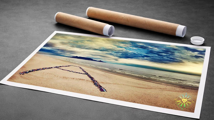 A large photographic art print of a beach scene with a cloudy sky and a line of people forming a heart on the sand, displayed on a dark gray surface with two rolled print tubes and a small white cap nearby.